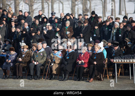Auschwitz-Birkenau, Polen - 27. Januar 2017: 72th Jahrestag der Befreiung von Auschwitz. Ehemalige Häftlinge von Auschwitz am Denkmal Stockfoto