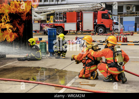 Mutige Feuerwehrmann mit Feuerlöscher und Wasser aus einem Schlauch für die Brandbekämpfung, Feuerwehrmann Schutzkleidung Training mit hohem Druck Wasser zu spritzen Stockfoto