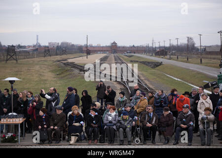 Auschwitz-Birkenau, Polen - Eisenbahn, die zum Haupteingang von Auschwitz führt. Teil des Holocaust-Gedenkmuseums des Konzentrationslagers Auschwitz Stockfoto