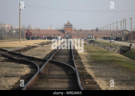 Auschwitz-Birkenau, Polen - Eisenbahn, die zum Haupteingang von Auschwitz führt. Teil des Holocaust-Gedenkmuseums des Konzentrationslagers Auschwitz Stockfoto