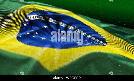 Abstrakte glühende Partikel wellige Oberfläche mit Brasilien Flagge Textur. 8K 3D-Darstellung Stockfoto