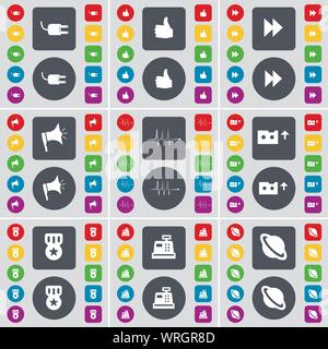 Buchse, wie, Zurückspulen, Megaphon, Puls, Kassette, Medaille, Kasse, Planet Symbol. Eine große Auswahl an flache, farbige Schaltflächen für Ihre Konstruktion. Vektor Stock Vektor