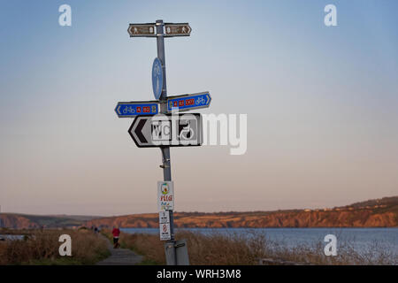 Eine einsame Frau Spaziergänge auf der Promenade in Fishguard, Wales, UK. Mittwoch 28. August 2019 Stockfoto