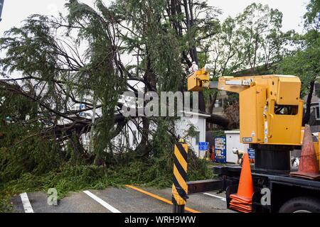190909-N-HH 215-1022 Yokosuka, Japan (Sept. 9, 2019) - Arbeiter zu Marine Engineering (Befehl NAVFAC) Fernen Osten Arbeit zugewiesen und einen Baum von Typhoon Faxai, ein Sturm mit Windgeschwindigkeiten von mehr als 124 Meilen pro Stunde, die anlandestelle über Commander, Flotte Aktivitäten Yokosuka (CFAY). CFAY bietet, wartet und betreibt base Einrichtungen und Dienstleistungen zur Unterstützung der Siebten Flotte vorwärts - bereitgestellt Seestreitkräfte, 71 Mieter Befehle, und 27.000 militärisches und ziviles Personal. (U.S. Marine Foto von Mass Communication Specialist 2. Klasse Tyler R. Fraser/Freigegeben) Stockfoto