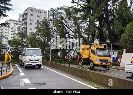 190909-N-HH 215-1010 Yokosuka, Japan (Sept. 9, 2019) - Arbeiter zu Marine Engineering (Befehl NAVFAC) Fernen Osten Arbeit zugewiesen zu löschen einen Baum hinab durch die Winde der Typhoon Faxai, ein Sturm mit Windgeschwindigkeiten von mehr als 124 Meilen pro Stunde, die anlandestelle über Commander, Flotte Aktivitäten Yokosuka (CFAY). CFAY bietet, wartet und betreibt base Einrichtungen und Dienstleistungen zur Unterstützung der Siebten Flotte vorwärts - bereitgestellt Seestreitkräfte, 71 Mieter Befehle, und 27.000 militärisches und ziviles Personal. (U.S. Marine Foto von Mass Communication Specialist 2. Klasse Tyler R. Fraser/Freigegeben) Stockfoto