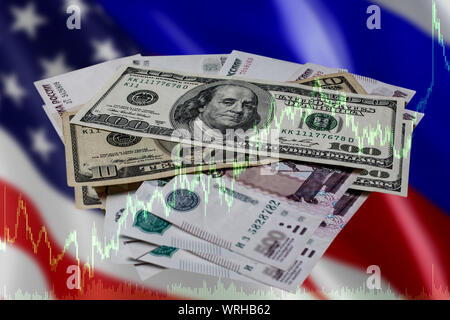 Planen von Änderungen in der us-Dollar und der russische Rubel. Die russischen und amerikanischen Geld auf einer abstrakten Hintergrund und ein trading Plan. Stockfoto