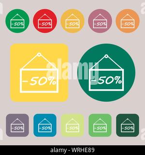 50 Rabatt Symbol Zeichen. 12 farbige Tasten. Flaches Design. Vektor Stock Vektor