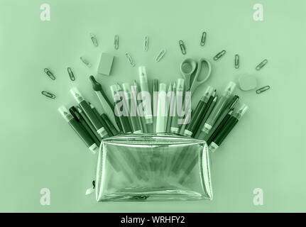 Zurück zu Schule Hintergrund mit geöffneten Federmäppchen mit Vielzahl von Schulmaterial in trendigen Neo mint Farbe. Flach. Close-up. Stockfoto