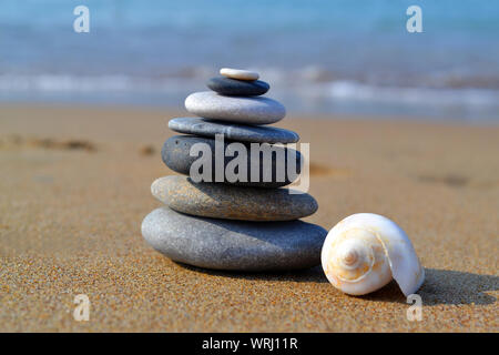 Eines zen-Stil standing stones mit weißen Shell auf dem Sandstrand in sonniger Tag, selektiven Fokus auf dem Ufer Hintergrund Stockfoto