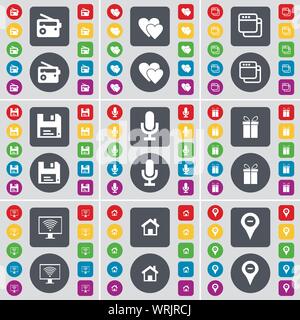 Radio, Herz, Fenster, Floppy, Mikrofon, Geschenk, Monitor, Haus, Symbol. Eine große Auswahl an flache, farbige Schaltflächen für Ihre Konstruktion. Vektor Stock Vektor
