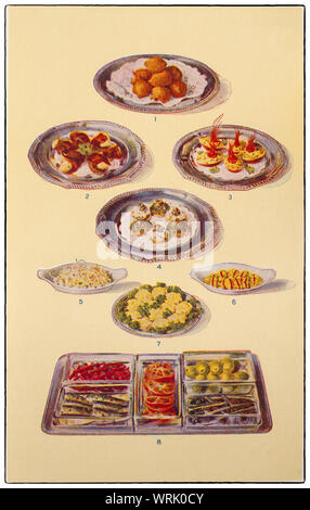 Neueste Techniken Kochen und Zubereiten von Anfang der 1930er Jahre in Mrs Beeton's 'Alles über Kochen' 1930er Edition. Hors d'Oeuvre Gerichte und Leckereien: 1. Käse Souffles; 2. Engel zu Pferd; 3. Croutes a L'indienne; 4. Sardellen Croutes; 5. Sellerie Salat; 6. Mayonnaise von Eiern; 7. Fancy Butter; 8. Assorted Hors d'Oeuvre. Stockfoto