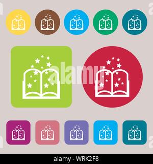 Magische Zeichen Buchsymbol. Offenes Buch Symbol. 12 farbige Tasten. Flaches Design. Vektor Stock Vektor