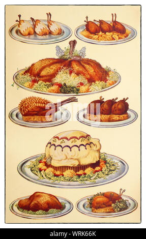 Neueste Techniken Kochen und Zubereiten von Anfang der 1930er Jahre in Mrs Beeton's 'Alles über Kochen' 1930er Edition. Geflügel und Wild: 1. Barded Rebhühner; 2. Gebratene Rebhühner; 3. Roast Surrey Vögel; 4. Gespickt Perlhühner; 5. Roast Regenpfeifer; 6. Gefüllter Kapaun a la Mayonnaise; 7. Roast Gosling; 8. Gebratene Tauben. Stockfoto