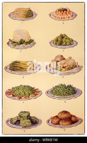 Neueste Techniken Kochen und Zubereiten von Anfang der 1930er Jahre in Mrs Beeton's 'Alles über Kochen' 1930er Edition. Gemüse: 1. Spargel; 2. Spinat mit Eier; 3. Blumenkohl; 4. Rosenkohl; 5. Lauch; 6. Pastinaken; 7. Neue Erbsen; 8. Bohnen; 9. Kohl; 10. Geschmorten Zwiebeln. Stockfoto