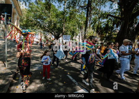 Menge in den Straßen marschieren für Amazonien und weniger Pestizide in einem pro Umwelt Protest während der brasilianischen Unabhängigkeitstag Stockfoto