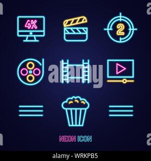 Film oder Kino set Einfache leuchtende neon Umrisse bunte Symbol auf blauem Hintergrund Stock Vektor