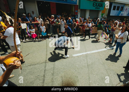 Capoeira Kämpfer zwischen einer Masse in den Straßen während einer pro Umwelt Protest während der brasilianischen Unabhängigkeitstag, die amazonien zu speichern. Stockfoto