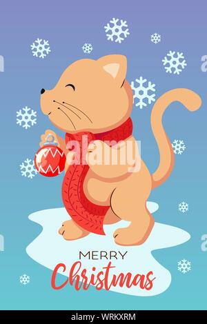 Frohe Weihnachten Grußkarte mit einem Ginger cat. Urlaub Vector Illustration Stock Vektor