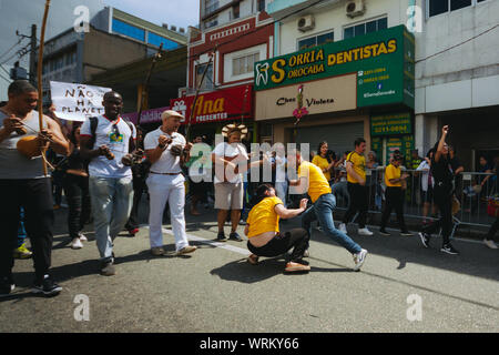 Capoeira Kämpfer zwischen einer Masse in den Straßen während einer pro Umwelt Protest während der brasilianischen Unabhängigkeitstag, die amazonien zu speichern. Stockfoto