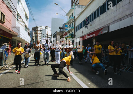 Capoeira Kämpfer zwischen einer Masse in den Straßen während einer pro Umwelt Protest während der brasilianischen Unabhängigkeitstag, die amazonien zu speichern. Stockfoto