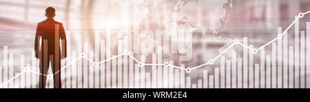 Double Exposure globalen Weltkarte auf Unternehmen finanzielle Börsenhandel Hintergrund. Stockfoto