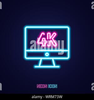 4 k Monitor einfache leuchtende neon Umrisse bunte Symbol auf blauem Hintergrund Stock Vektor