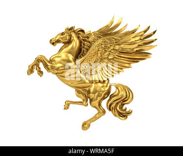 Goldene fliegende Pferd Pegasus isoliert auf weißem Hintergrund (mit clipping path). 3D-Rendering Stockfoto