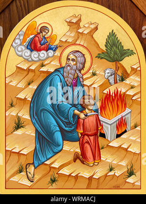 Das Symbol von Abraham seinen Sohn Isaak auf den Berg Moriah zu opfern. Die Kirche von Saint Elia. Stockfoto