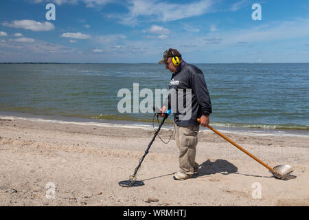 Delaware, Ohio - ein Mann mit einem Metalldetektor für Münzen und anderen Metall am Strand bei Maumee Bay State Park zu suchen. Stockfoto