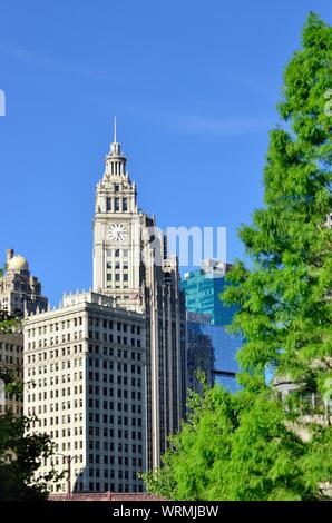 Chicago, Illinois, USA. Ein Blick auf die Wrigley Building durch die Bäume entlang der Uferpromenade am Südufer des Chicago River. Stockfoto