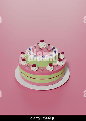 Glänzend rosa glasierten Geburtstagskuchen für Feier. Auf rosa Hintergrund. 3D-Darstellung Stockfoto