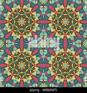 Orientalische Muster. Traditionelle nahtlose Ornament. Mandala. Blumen. Doodle Zeichnung. Blau, Gelb und Pink Stock Vektor