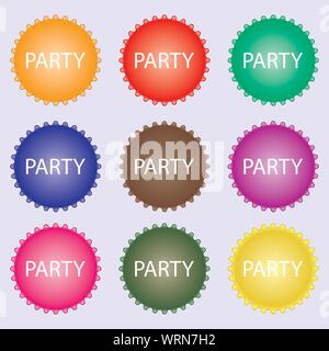 Party Zeichen Symbol. Geburtstag Luftballon mit Seil oder Band-Symbol. Eine Reihe von neun verschiedenen farbigen Etiketten. Vektor Stock Vektor