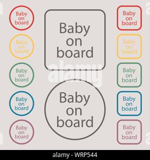Baby on Board Schild-Symbol. Baby im Auto Warnsymbol. Symbole auf der Runde und Platz-Tasten mit Rahmen. Vektor Stock Vektor