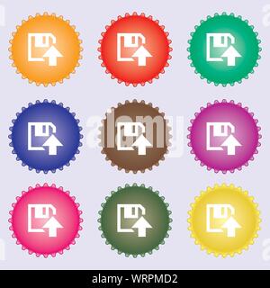 Disketten-Symbol. Wohnung modernes Design. Eine Reihe von neun verschiedenen farbigen Etiketten. Vektor Stock Vektor