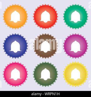 Alarm-Glocken-Schild-Symbol. Alarmsymbol aufwachen. Sprechblasen Informationssymbole. Eine Reihe von neun verschiedenen farbigen Etiketten. Vektor Stock Vektor