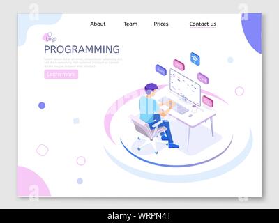 Programmierer isometrische Charakter. Programmierung Konzept, Web Engineer bei der Arbeit. Stock Vektor