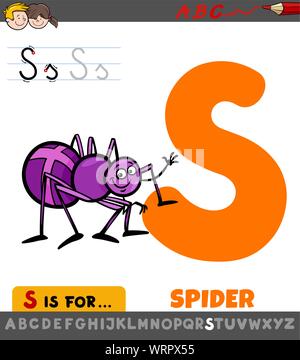 Pädagogische Cartoon Illustration der Buchstaben S von Alphabet mit Spider für Kinder Stock Vektor