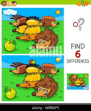 Cartoon Illustration des Findens von sechs Unterschiede zwischen den Bildern Lernspiel für Kinder mit Igel Tier Zeichen Stock Vektor