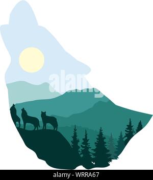 Vector Illustration eines Wolfskopf Silhouette. Abstrakte Wald, in den Bergen Hintergrund. Wüste Hintergrund. Stock Vektor