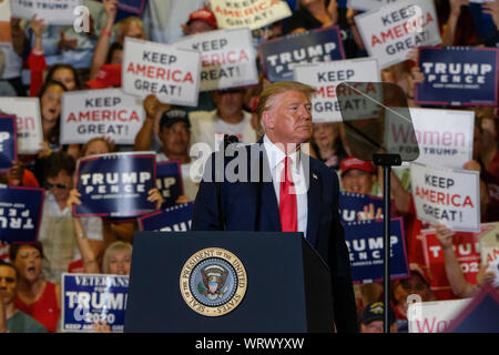 Fayetteville, USA. 09 Sep, 2019. Präsident Donald J. Trumpf spricht während der maga Rallye in Fayetteville. Credit: SOPA Images Limited/Alamy leben Nachrichten Stockfoto