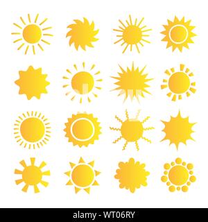 Cartoon sun Collection. Gelb glänzend Sonne Symbole auf weißen isoliert. Sun Piktogramm, Sommer Symbol für Web site Design, Web, mobile App. Stock Vektor