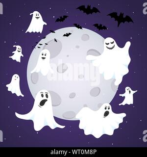 Happy Halloween Zusammensetzung mit Ghost furchtsames Gesicht, Nacht, Himmel, Mond, fliegen Fledermäuse und Text happy halloween auf dunklem Hintergrund Flat Style Design isoliert Stock Vektor