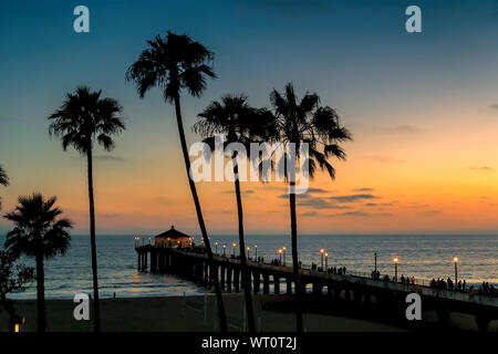 Palmen bei Sonnenuntergang am California Beach Stockfoto