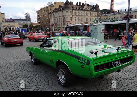 Tampere, Finnland - 31. August 2019: abgestimmte grün Dodge Charger R/T an der Mansen Mäntä Messut (Tampere Kolben Messe in englischer Sprache) Stockfoto