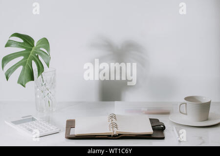 Monstera tropischen Palmen Blätter in einem Glas Vase stehend auf Office Tabelle mit stationären Stockfoto