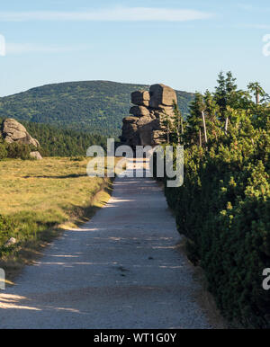 Svinske kameny Felsen unten Szrenica Hügel im Riesengebirge auf tschechisch-polnischen Grenze im Sommer Abend mit klaren Himmel Stockfoto