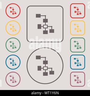 Lokales Netzwerk Symbol unterzeichnen. Symbole auf der Runde und quadratische Tasten mit Rahmen. Vektor Stock Vektor
