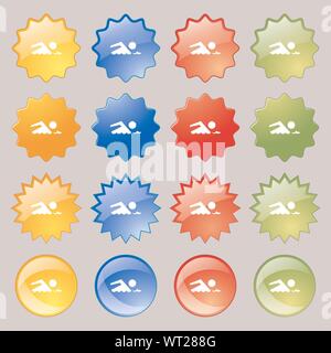 Schwimmen zeichen Symbol. Pool schwimmen, Symbol. Sea Wave. Großer Satz von 16 farbenfrohen modernen Tasten für Ihr Design. Vektor Stock Vektor