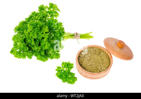 Frische und getrocknete Petersilie, Würzige, aromatische Kräuter. Studio Foto Stockfoto